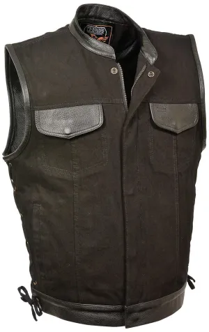 Milwaukee Leather MDM3011 Men's Black 'Hidden Zipper' Side Lace Motorcycle Rider Denim Vest w/ Leather Trim