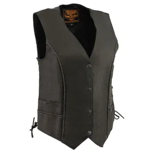 Milwaukee Leather MLL4560 Women's Black Premium Leather Classic Braided Side Lace Deep V-Neck Motorcycle Rider Vest