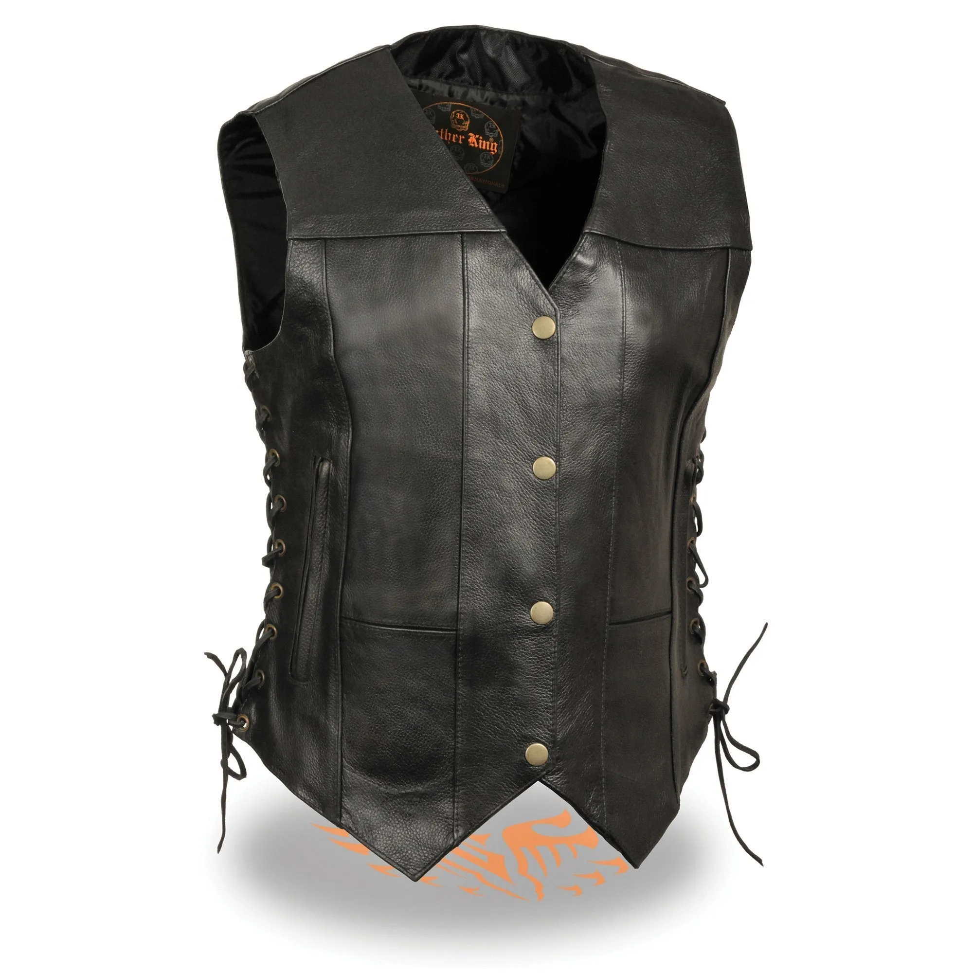 Milwaukee Leather SH1292 Women's Black Leather Side Lace 6 Pocket Motorcycle Rider Vest- Antique Color Snap Closure