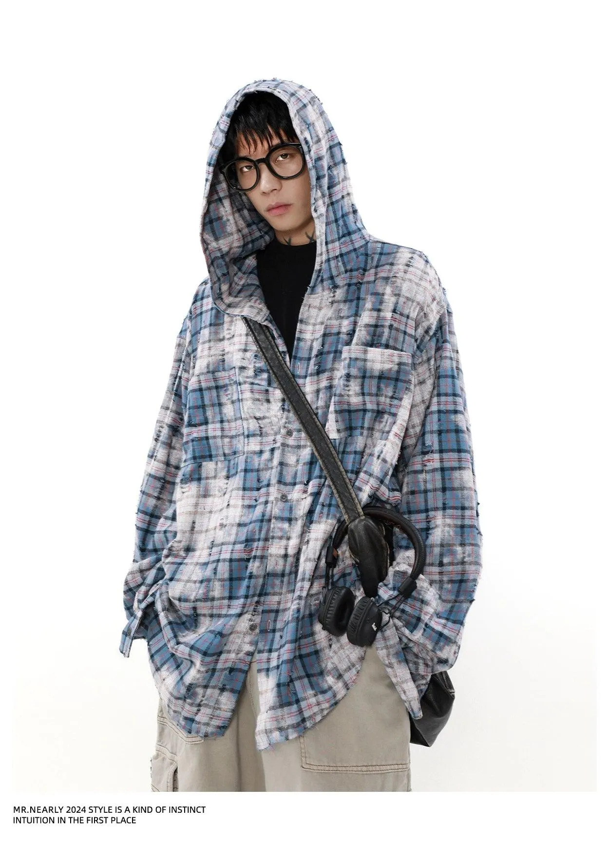 Mrnearly Distressed Plaid Hooded Overshirt - Unisex Grunge-Inspired Outerwear