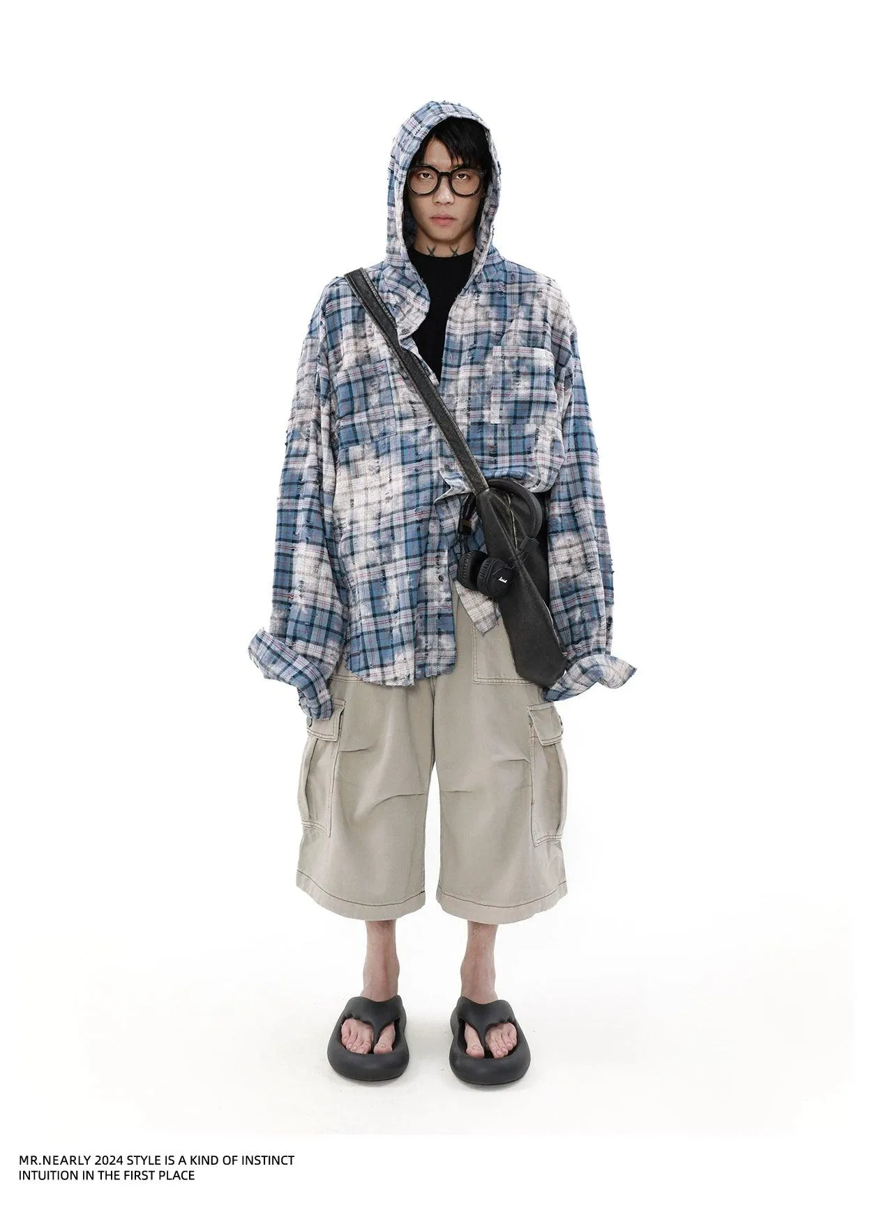 Mrnearly Distressed Plaid Hooded Overshirt - Unisex Grunge-Inspired Outerwear