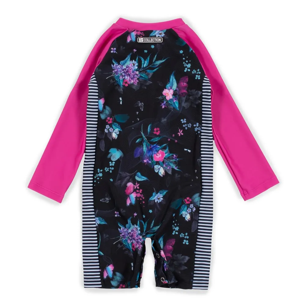 Nano One-Piece Rashguard Girls Long-Sleeve Swimsuit - Black/Fuchsia (18-24 Months)