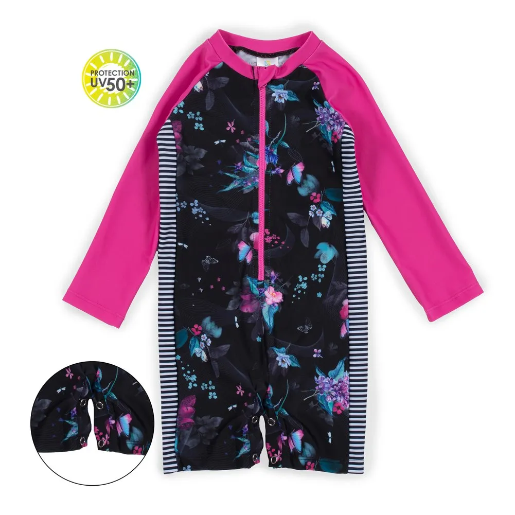 Nano One-Piece Rashguard Girls Long-Sleeve Swimsuit - Black/Fuchsia (18-24 Months)