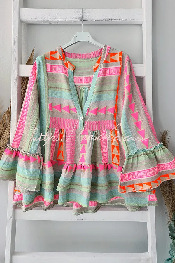 Phylis Linen Blend Colorful Ethnic Print Bell Sleeve Babydoll Blouse