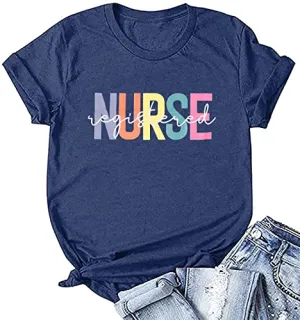 Retro Registered Nurse Shirts Women Nursing School Nurse Graduation Gift T Shirt Casual RN T Shirt for Nurse Week Top (Blue1, Medium)