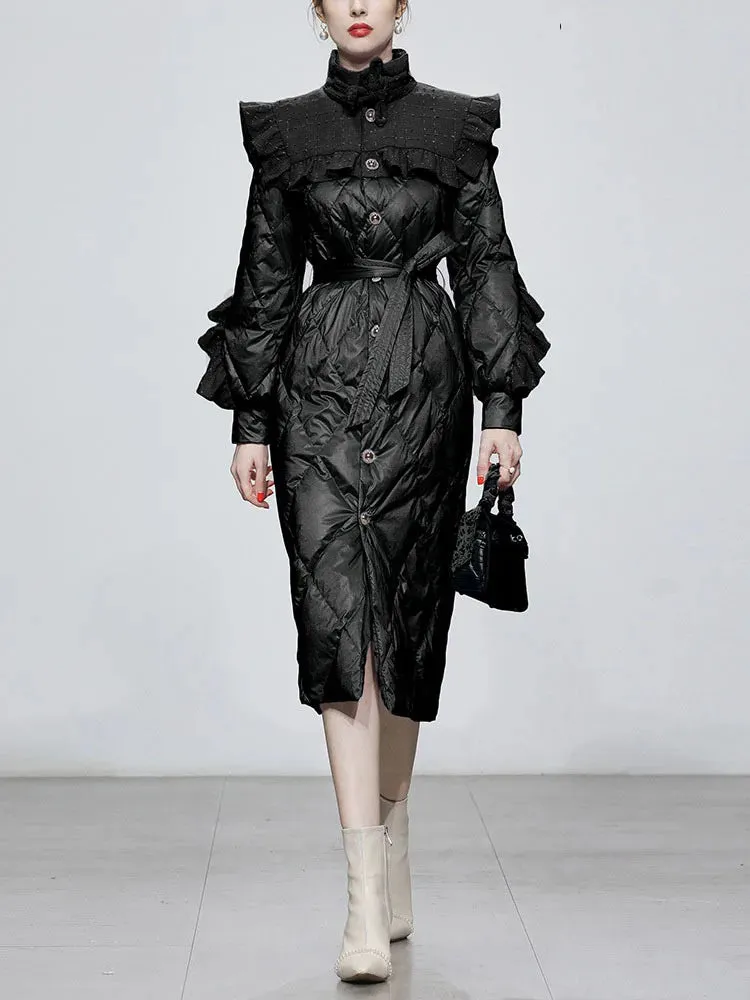 Ruffled Stand Collar Lantern Sleeve Puffer Coat