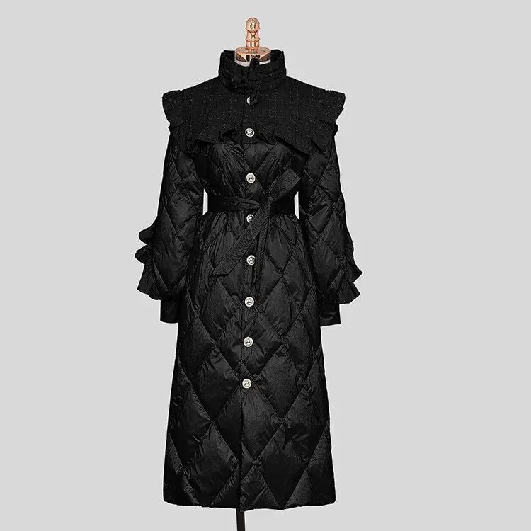 Ruffled Stand Collar Lantern Sleeve Puffer Coat