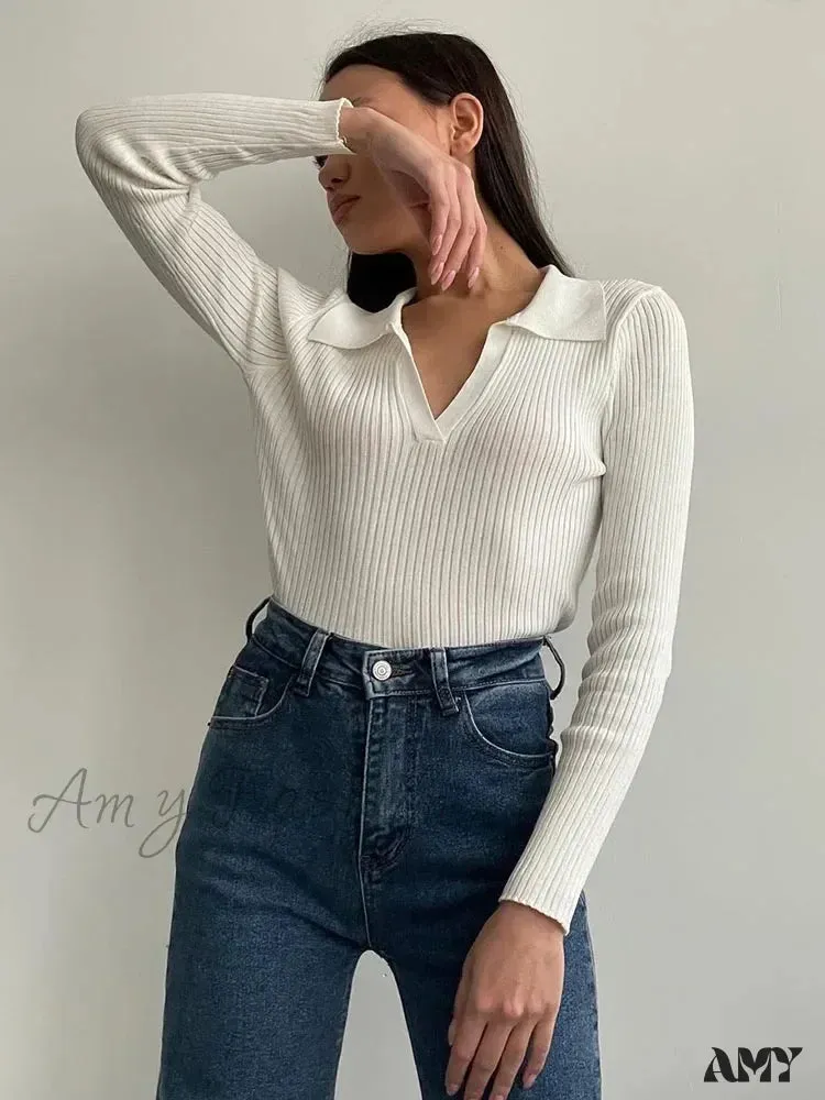 Spring Women's Knitted Blouse Long Sleeve Polo Collar Slim Stylish Cozy Trendy Comfortable Elegant Sweater