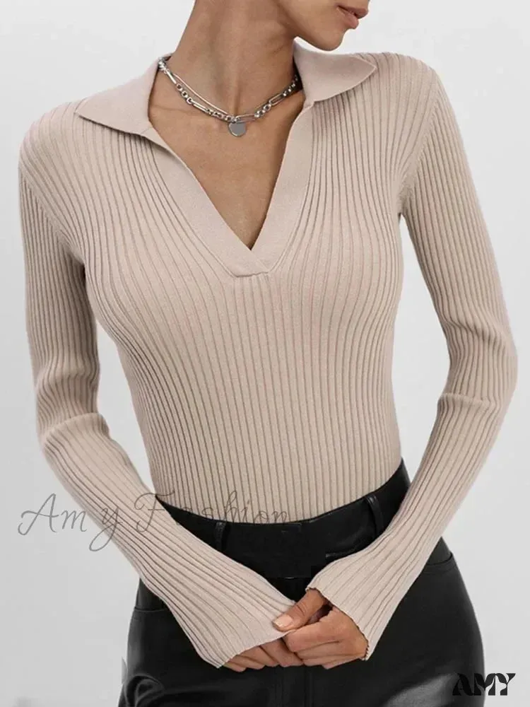 Spring Women's Knitted Blouse Long Sleeve Polo Collar Slim Stylish Cozy Trendy Comfortable Elegant Sweater