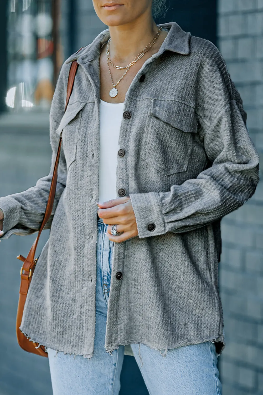 Textured Button Down Shirt Jacket with Pockets