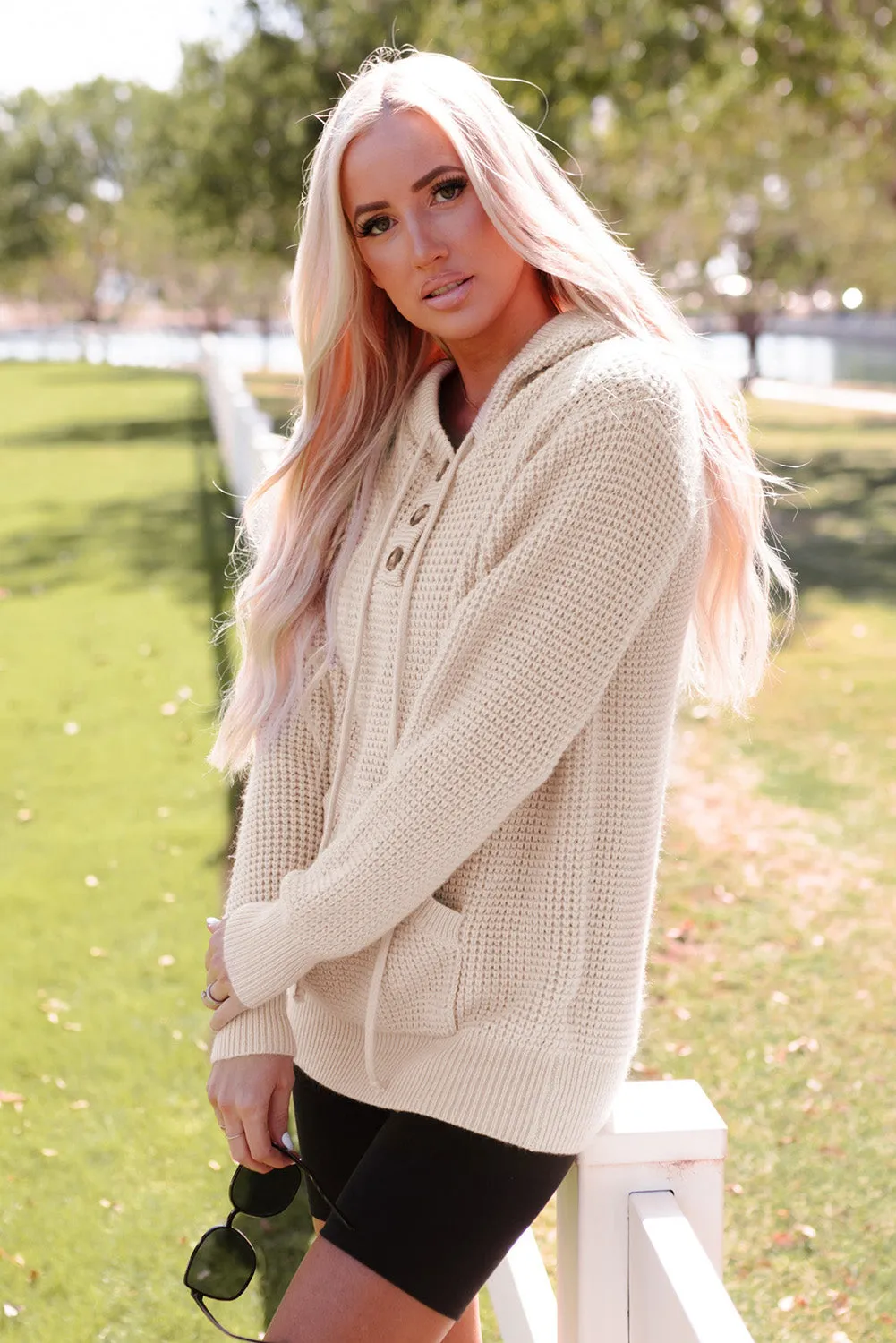 Waffle Knit Buttons Hooded Sweater