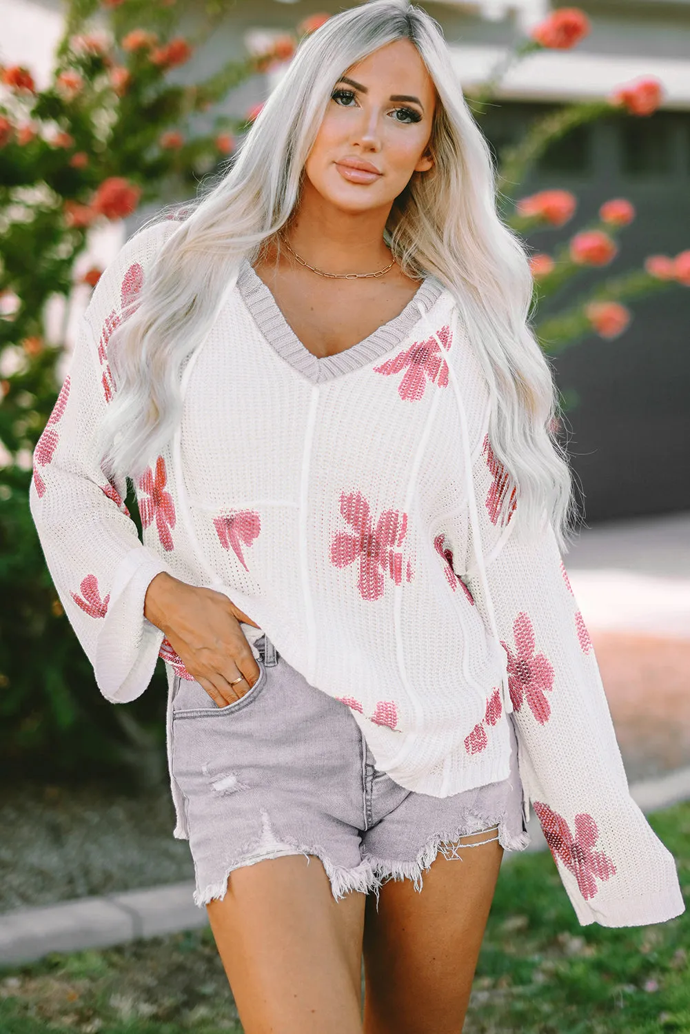 White Floral Print Lightweight Knit Hooded Sweater