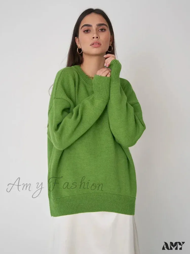 Women O Neck Autumn Winter Thick Warm Pullover Oversized Casual Loose Knitted Jumper Cozy Stylish Sweater