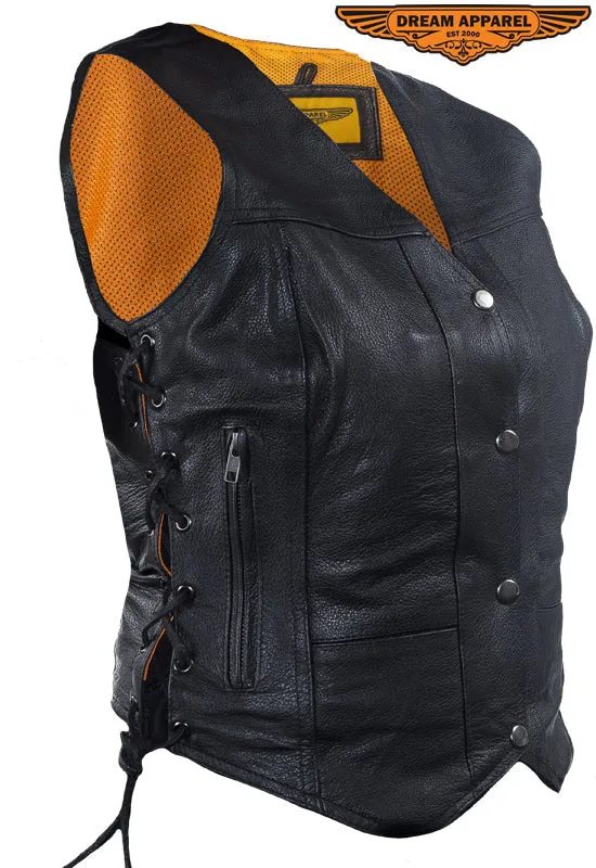 Womens Cowhide Leather Motorcycle Vest With 7 Pockets