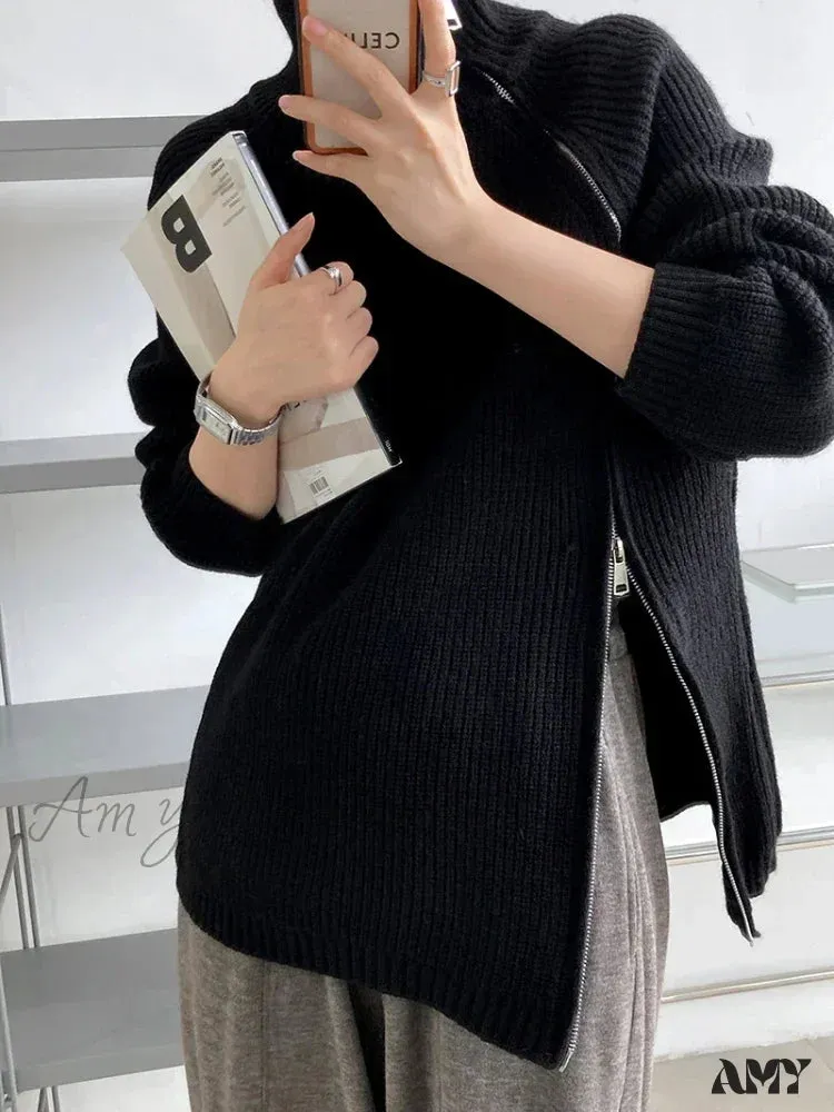 Women's Zipper Oversize Fashion Women 2024 Autumn Knitwear Loose Thick Warm High Neck Cozy Sweater