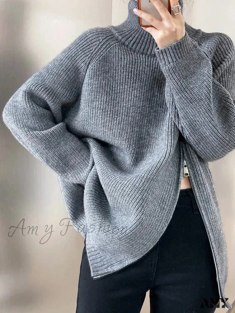 Women's Zipper Oversize Fashion Women 2024 Autumn Knitwear Loose Thick Warm High Neck Cozy Sweater