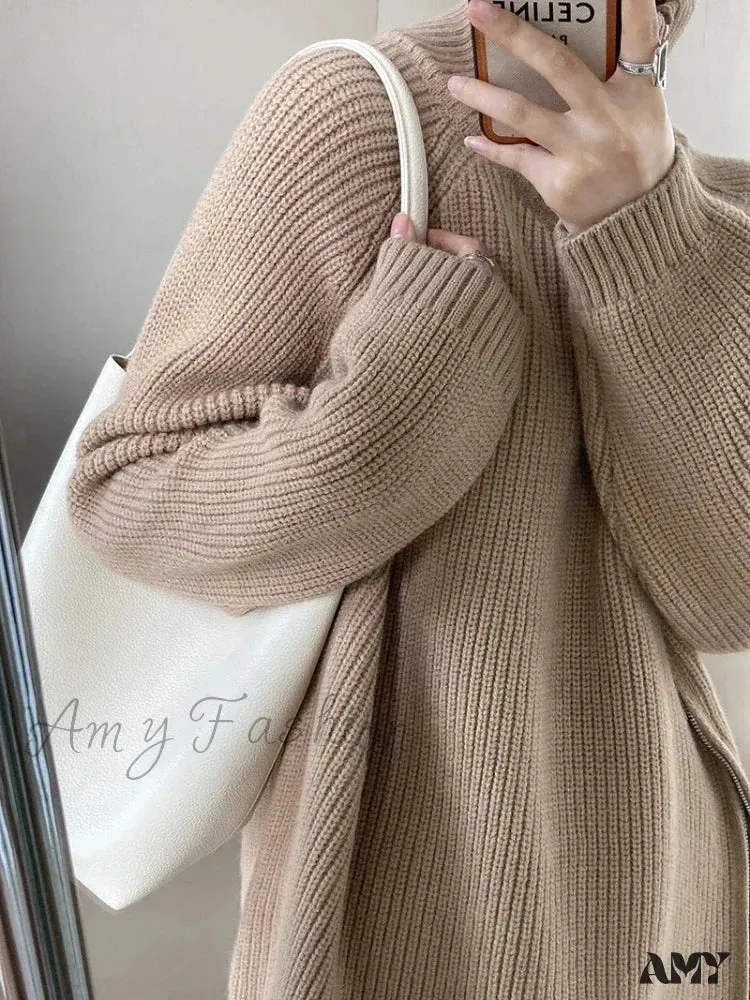 Women's Zipper Oversize Fashion Women 2024 Autumn Knitwear Loose Thick Warm High Neck Cozy Sweater