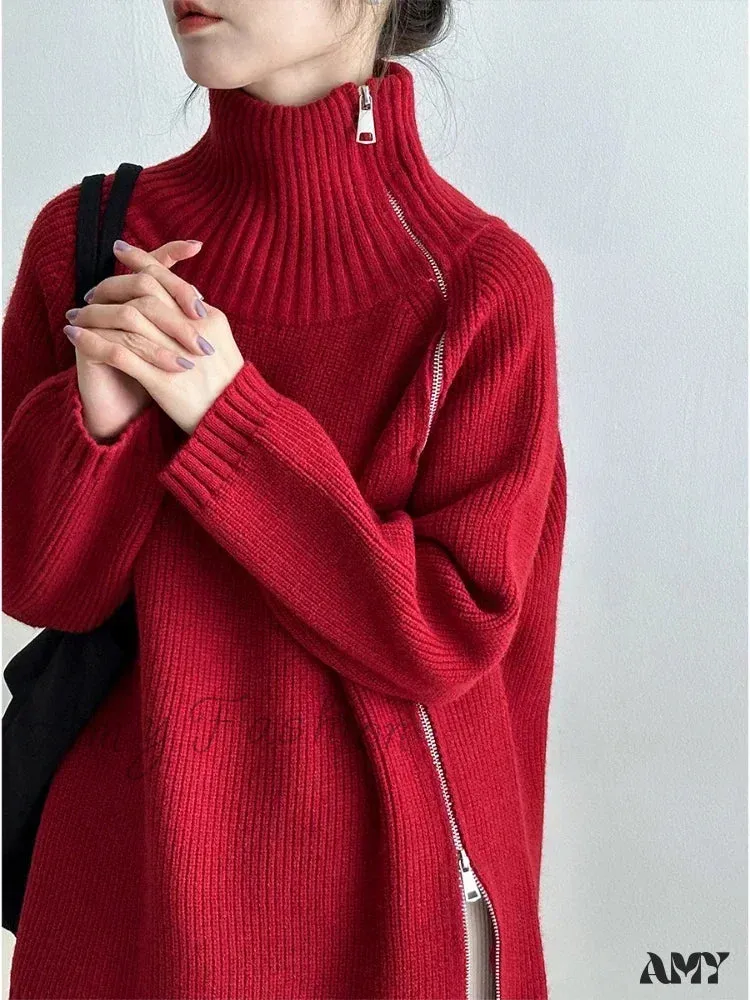 Women's Zipper Oversize Fashion Women 2024 Autumn Knitwear Loose Thick Warm High Neck Cozy Sweater