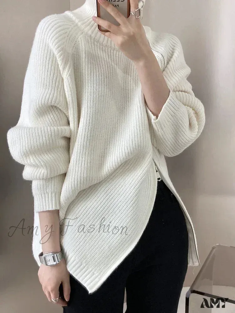 Women's Zipper Oversize Fashion Women 2024 Autumn Knitwear Loose Thick Warm High Neck Cozy Sweater