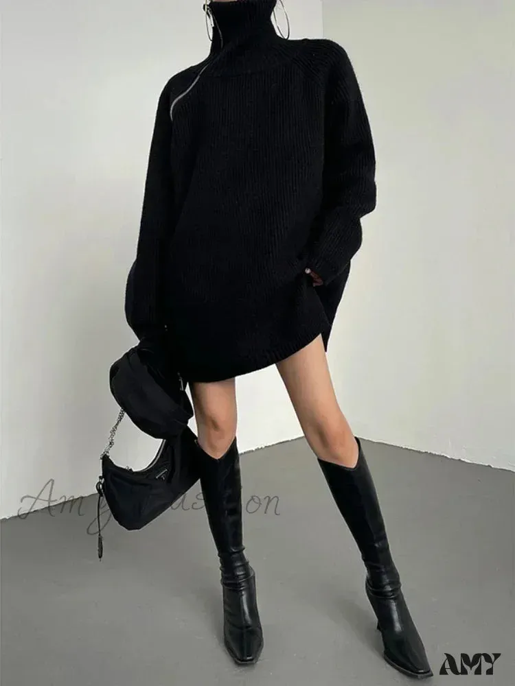 Women's Zipper Oversize Fashion Women 2024 Autumn Knitwear Loose Thick Warm High Neck Cozy Sweater