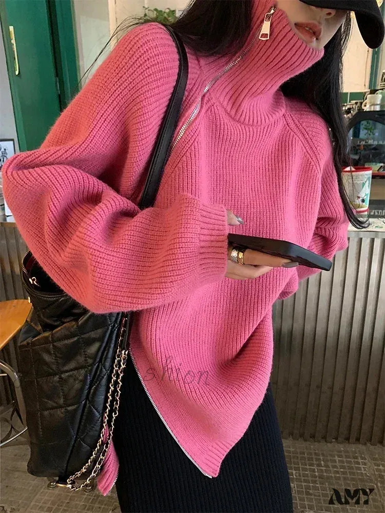 Women's Zipper Oversize Fashion Women 2024 Autumn Knitwear Loose Thick Warm High Neck Cozy Sweater