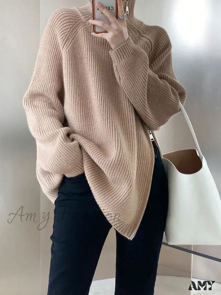 Women's Zipper Oversize Fashion Women 2024 Autumn Knitwear Loose Thick Warm High Neck Cozy Sweater