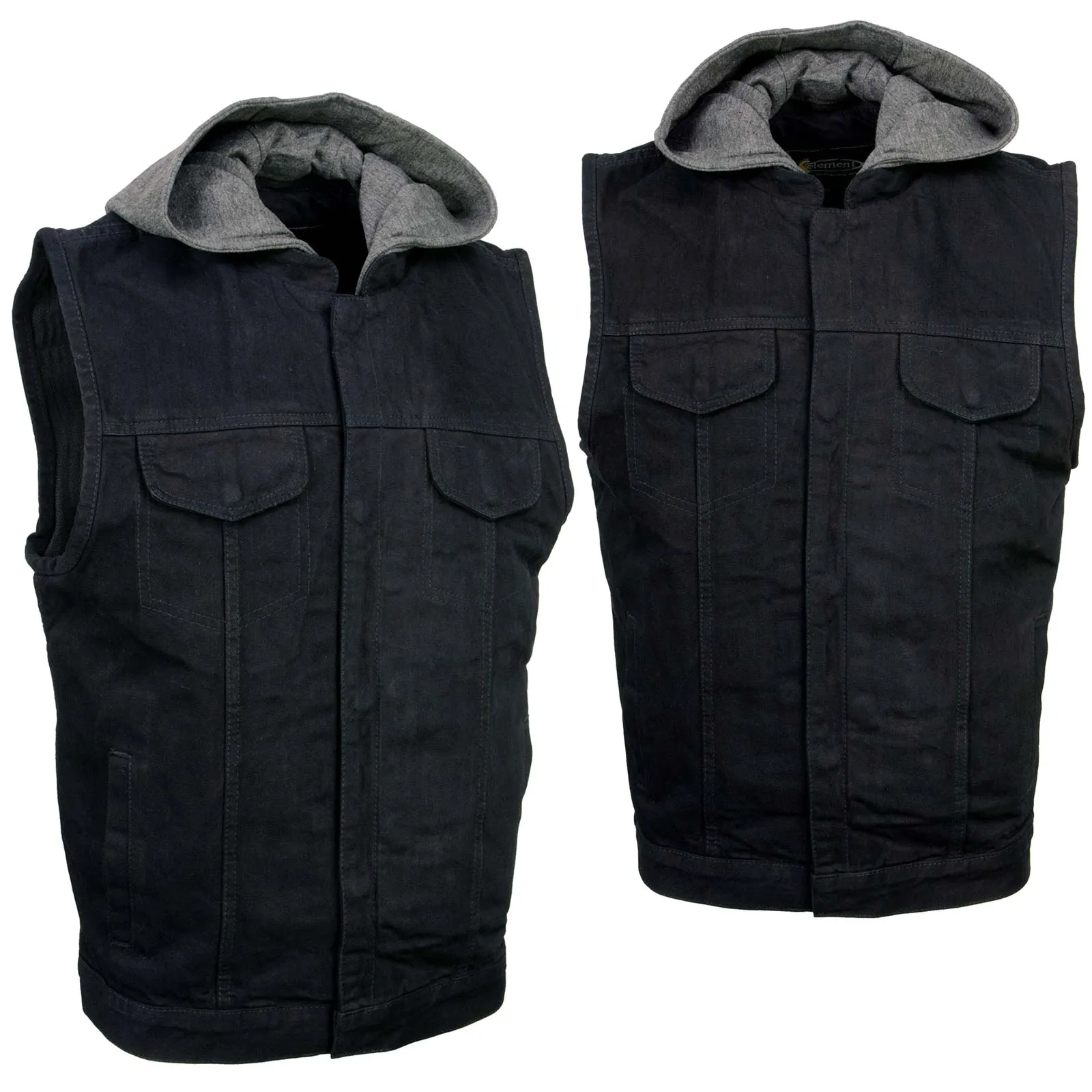 Xelement XS13050 Men's 'Rustic' Black Denim Motorcycle Riding Vest with Hoodie and Quick Draw Pocket