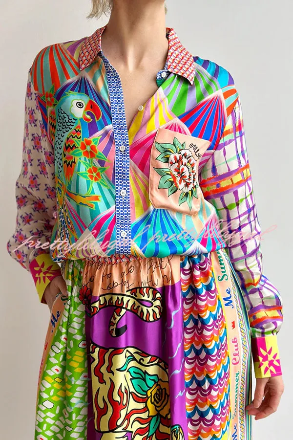 You Make Me Wonder Satin Colorful Unique Print Button Down Oversized Blouse